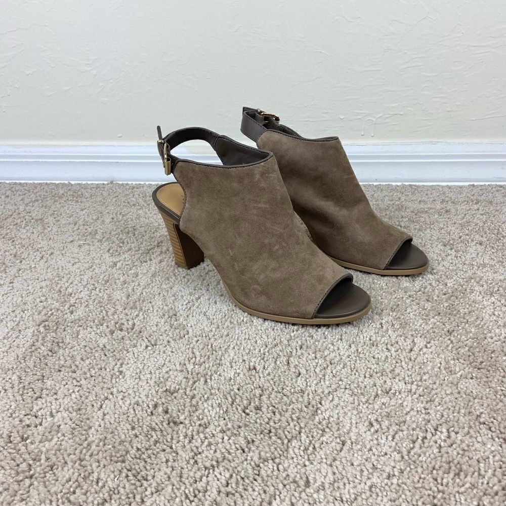 Bass Belted-Heel Open-Toe Suede Leather Booties - Brown